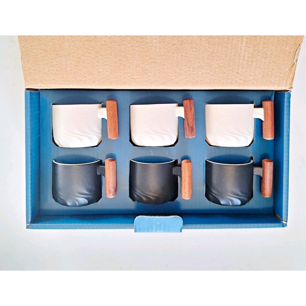 6-Piece Ceramic Espresso Set w/ Wooden Handles 2.5 Oz. Black & White Solid Color